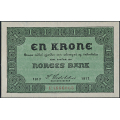 -7- 1 krone 1917 F, kv. 0 - Eks. Bergen Mynt & Seddel. Nr. F4666003. Sign. Sven Michael Cederholm. / Numisma Mynthandel A/S: kr.  350,-