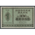 -8- 1 krone 1940 A, kv. 0 - Eks. Riibe Mynthandel. Nr. A4443324. Sign. Gerhard Meldahl Nielsen. / Numisma Mynthandel A/S: kr.  111,-