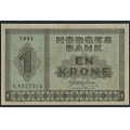 -9- 1 krone 1941 A, kv. 0 - Eks. Numisma Mynthandel. Nr. A8227314. Sign. Gerhard Meldahl Nielsen. / Numisma Mynthandel A/S: kr.  130,-