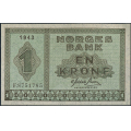 -15- 1 krone 1943 E, kv. 0 - Eks. Oslo Mynthandel. Nr. E8194648. Sign. Gerhard Meldahl Nielsen. / Numisma Mynthandel A/S: kr.  1005,-