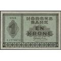 -20- 1 krone 1945 I, kv. 0 - Eks. Bergen Mynt & Seddel. Nr. I1778872. Sign. Gerhard Meldahl Nielsen. / Numisma Mynthandel A/S: kr.  280,-