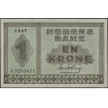 -23- 1 krone 1947 J, kv. 0 - Eks. Bergen Mynt & Seddel. Nr. J6233411. Sign. Erik Thorp. / Numisma Mynthandel A/S: kr.  82,-