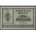 -24- 1 krone 1947 K, kv. 01+ - Eks. Numisma Mynthandel. Nr. K0026186. Sign. Erik Thorp. / Numisma Mynthandel A/S: kr.  107,-