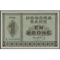 -26- 1 krone 1948 L, kv. 0 - Eks. Bergen Mynt & Seddel. Nr. L1165243. Sign. Erik Thorp. / Numisma Mynthandel A/S: kr.  113,-