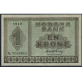 -28- 1 krone 1949 M, kv. 0 - Eks. Bergen Mynt & Seddel. Nr. M7599965. Sign. Erik Thorp. / Numisma Mynthandel A/S: kr.  128,-