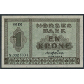 -30- 1 krone 1950 N, kv. 0 - Eks. Bergen Mynt & Seddel. Nr. N0025936. Sign. Erik Thorp. / Numisma Mynthandel A/S: kr.  585,-