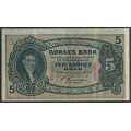 -18- 5 kroner 1929 L, kv. 01- - Eks. Skanfil. Nr. L33290320. Sign. Sven Michael Cederholm. / Numisma Mynthandel A/S: kr.  1,-