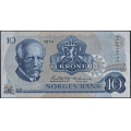 -58- 10 kroner 1974 AA, kv. 0 - Sign. Knut Getz Wold/Gustav Adolf degaard. / Numisma Mynthandel A/S: kr.  36,-