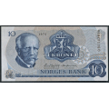 -59- 10 kroner 1974 QB, erstatning, kv. 0 - Eks. Bergen Mynt & Seddel. Sign. Knut Getz Wold/Gustav Adolf degaard. / Numisma Mynthandel A/S: kr.  280,-