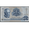 -64- 10 kroner 1977 AA, kv. 0 - Eks. Riibe Mynthandel. Sign. Knut Getz Wold/Kre Sagrd. / Numisma Mynthandel A/S: kr.  35,-