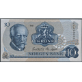 -72- 10 kroner 1981 HU, erstatning,  kv. 0, anm. - Eks. Bergen Mynt & Seddel. Sign. Knut Getz Wold/Kre Sagrd. Seddelen har en knekk p tvers nr kanten, som vi antar er fra produksjonen. / Numisma Mynthandel A/S: kr.  67,-