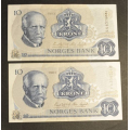 10 kr. 1983 CS og CU * Kv. 1+/01 *Kv. kr. 105 ** - Bilder er sedlene du fr. Vurder ogs fra bilder. / Tore Rimstad: kr.  40,-