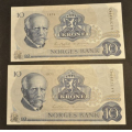 10 kr. 1975 Litra AA  * Kv.0 - Bilder er sedlene. Pene i kv.0. 
Pris KJP N er en (1) sedell. Ved kjp av flere er de i nr. rekkeflge. IKKE SALR. / Tore Rimstad: kr.  90,-