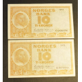 10 kr. 1972 Litra F og J * kv. 1+ * Katv. kr.120 * - Bilder er sedlene du fr. Pene sedler. Vurder ogs fra bilder. / Tore Rimstad: kr.  30,-