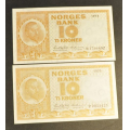 10 kr. 1973 Litra P og R * Kv. 01 og1+01*Katv. kr.150 * - Bilder er sedlene du fr. Vurder ogs fra bilder. / Tore Rimstad: kr.  40,-