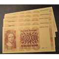 100 kr. 1991 * Kv. 0 * Nr. rekkef. Katv. kr. 390 ** - Bilder er sedlene. Pene sedler i kv. 0. Katv. kr. 390,- * Vurder fra bilder. Pris KJP N er en(1) seddel. Ved kjp av flere er de i nr. rekkeflge. Du velger antall. IKKE SALR. / Tore Rimstad: kr.  220,-