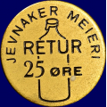 -13- Polett Jevnaker Meieri, 25 re, kv. 1+/01, liten fl. - NP113. S. Pen. 25mm. Messing. / Numisma Mynthandel A/S: kr.  130,-