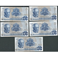 -9- Lott 5 stk. 10 kroner 1974, kv. 1/1- til 1+ - 1974AC, AD, AN, AU & AX. / Numisma Mynthandel A/S: kr.  77,-