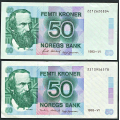 -11- Lott 50 kroner 1993-VI & -95-VI, kv. 1+/01 - Rufsete kant p 1995-VI / Numisma Mynthandel A/S: kr.  57,-