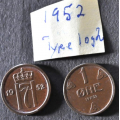 1 re 1952  Type 1 og 2 * Kv. 0 * Katv. kr. 180 - Bilder er myntene du fr. Ta ikke hensyn til sm partikler som kamera fokuserer. De syns ikke p myntene. Vurder og by fra bilder. / Tore Rimstad: kr.  1,-