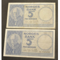 5 kr. 192 K og 1963 L * Kv. 1+ og 1 * Katv. kr.380 - Bilder er sedlene du fr. Hele og helt OK sedler. Vurder ogs fra bilder. IKKE SALR. / Tore Rimstad: kr.  120,-