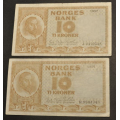 10 kr. 1957 J og 1959 R * Begge kv.1 * Katv. kr.200 * - Bilder er sedlene du fr. Vurder fra bilder. IKKE SALR. / Tore Rimstad: kr.  80,-