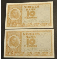 10 kr. 1961 U og V * Begge  god kv. 1+*Katv. kr.190 - Bilder er sedlene du fr. 1961 U er vel kv.01 ?. Vurder fra bilder. IKKE SALR. / Tore Rimstad: kr.  70,-