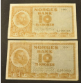 10 kr. 1954 E og 1955 G . Kv. 1 * Katv. kr. 260 - Bilder er sedlene du fr.  Markerte bretter. Vurder ogs fra bilder. / Tore Rimstad: kr.  42,-