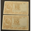 10 kr. 1955 G og 1956 H * Kv.1 og 1- * Katv. kr. 170 - Bilder er sedlene du fr.1955 G kv.1 og 1956 H kv. 1-.  Vurder ogs fra bilder. / Tore Rimstad: kr.  30,-