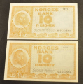 10 kr. 1971 Litra A og B ** Kv. 1+/01 * Katv. kr.150 - Bilder er sedlene du fr. Vurder ogs fra bilder. / Tore Rimstad: kr.  40,-