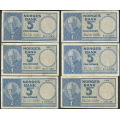 -1- Lott 6 stk. 5 kr. 1955A-1959F, VK - 1955A, 1956C, 1956D, 1957E, 1957F & 1959F.

Kv. 1 til 1-, en med rift og flekker / Numisma Mynthandel A/S: kr.  70,-