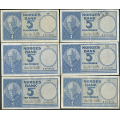 -11- Lott 6 stk. 5 kr. 1960H-1963L, VK - 1960H (graffiti adv.), 1961I, 1962J, 1962K, 1963K & 1963L.

Kv. 1 til 1+ / Numisma Mynthandel A/S: kr.  63,-