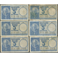 -1- Lott 6 stk. 5 kr. 1955A-1957D, VK - 1955A (litt lavt nummer 0019935), 1955B, 1955C, 1956C, 1956D & 1957D

Kv. 1- til 1/1-, noen bretterifter observert. / Numisma Mynthandel A/S: kr.  1,-