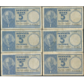 -4- Lott 6 stk. 5 kr. 1955A-1957E, VK - 1955A, 1955B, 1955C, 1956C, 1956D & 1957E

Kv. 1- til 1/1-, rift obsevert. / Numisma Mynthandel A/S: kr.  1,-