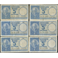 -8- Lott 6 stk. 5 kr. 1955B-1960G, VK - 1955B (5 mm rift oppe), 1957E, 1957F, 1959F, 1959G & 1960G

Kv. 1- til 1/1- / Numisma Mynthandel A/S: kr.  3,-