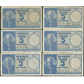 -9- Lott 6 stk. 5 kr. 1957E-1960H, VK - 1957E, 1957F, 1959F, 1959G, 1960G & 1960H

Kv. 1- til 1 / Numisma Mynthandel A/S: kr.  1,-