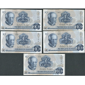 -6- Lott 10 stk. 10 kroner 1978B, VK - 6x BJ, 2x BK, 2x BM

Kv. 1/1+ til 1+/01 / Numisma Mynthandel A/S: kr.  107,-