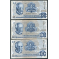 -51- Lott 3 stk. 10 kroner 1973Q, erst, VK - Erstatningssedler. QJ, QR, QS

Kv. 1/1- / Numisma Mynthandel A/S: kr.  2,-