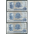 -53- Lott 3 stk. 10 kroner 1973Q, erst, VK - Erstatningssedler. QK, QL, QM

Kv. 1/1- til 1. / Numisma Mynthandel A/S: kr.  23,-