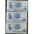 -54- Lott 3 stk. 10 kroner 1973Q, erst, VK - Erstatningssedler. QS, QV, QW

Kv. 1/1- til 1, flekk. / Numisma Mynthandel A/S: kr.  1,-