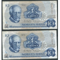 -56- Lott 2 stk. 10 kroner 1973Q, erst, VK - Erstatningssedler. 2x QZ

Kv. 1/1- / Numisma Mynthandel A/S: kr.  2,-