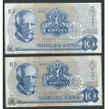 -57- Lott 2 stk. 10 kroner 1973Q, erst, VK - Erstatningssedler. QZ, Q

Kv. 1/1- til 1. / Numisma Mynthandel A/S: kr.  29,-