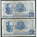 -58- Lott 2 stk. 10 kroner 1975Q, erst, VK - Erstatningssedler. QG, QY

Kv. 1/1- til 1- / Numisma Mynthandel A/S: kr.  6,-