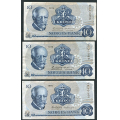 -59- Lott 3 stk. 10 kroner 1976Q, erst, VK - Erstatningssedler. QA, QB, QC

Kv. 1/1- til 1/1+ / Numisma Mynthandel A/S: kr.  5,-