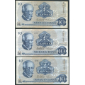 -60- Lott 3 stk. 10 kroner 1976Q, erst, VK - Erstatningssedler. QB, QD, QH

Kv. 1- til 1/1- / Numisma Mynthandel A/S: kr.  1,-