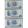 -64- Lott 3 stk. 10 kroner 1976Q, erst, VK - Erstatningssedler. QT, QU, QV

Kv. 1- til 1. / Numisma Mynthandel A/S: kr.  5,-