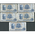 -70- Lott 5 stk. 10 kroner 1977Q, erst, VK - Erstatningssedler. QH, QJ, QI, QK, QY

Kv. 1-, flekker til 1 / Numisma Mynthandel A/S: kr.  6,-