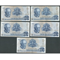 -71- Lott 5 stk. 10 kroner 1977Q, erst, VK - Erstatningssedler. QH, QN, QO, QK, QZ

Kv. 1- til 1/1+ / Numisma Mynthandel A/S: kr.  5,-