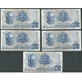 -72- Lott 5 stk. 10 kroner 1977Q, erst, VK - Erstatningssedler. QL, QS, QY, QZ, Q

Kv. 1- til 1, flekk / Numisma Mynthandel A/S: kr.  1,-