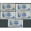 -73- Lott 5 stk. 10 kroner 1977Q, erst, VK - Erstatningssedler. QO, QU, QV, QW, QY

Kv. 1- til 1 / Numisma Mynthandel A/S: kr.  3,-